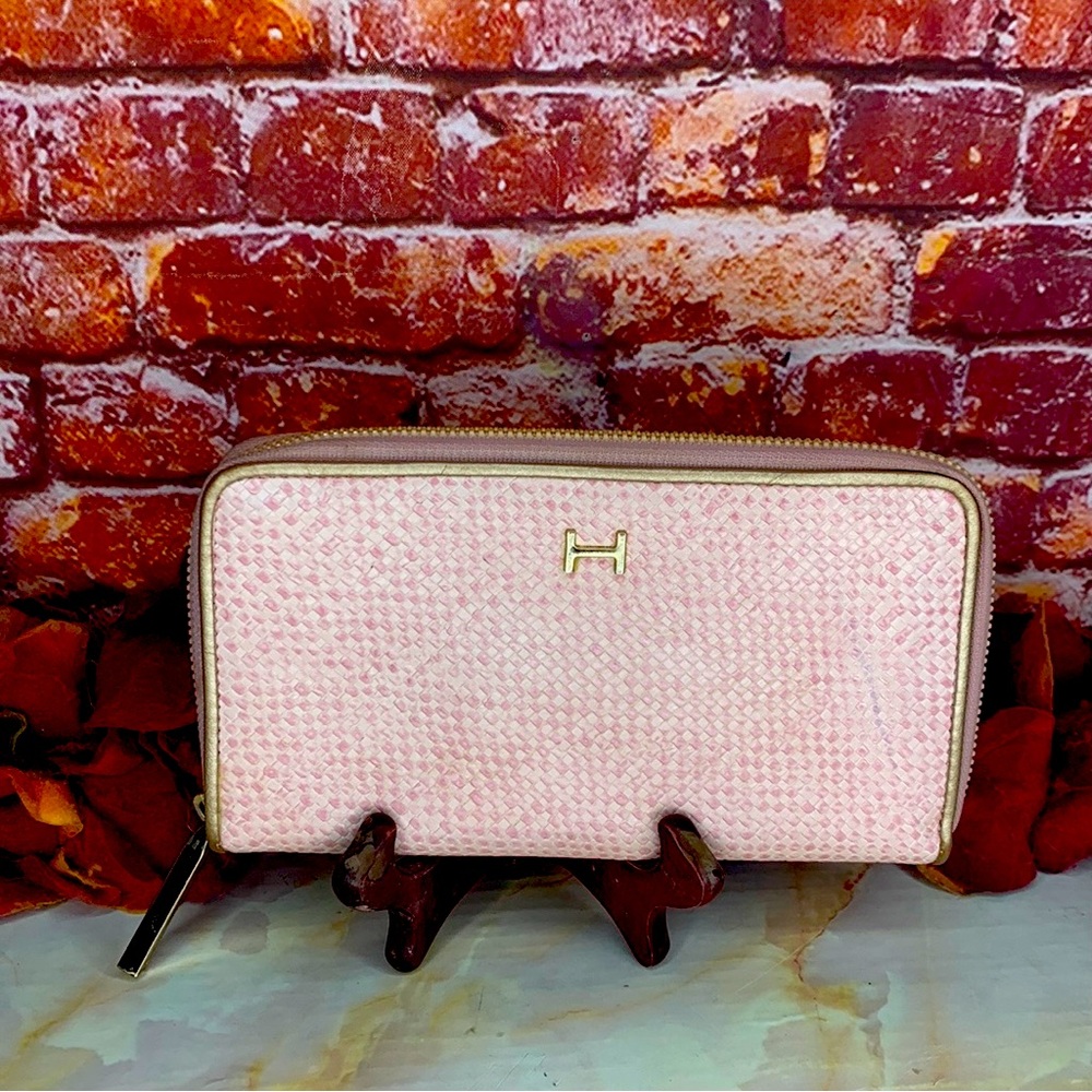 H by Halston Light Pink and Gold Zippered Snakeskin Embossed Continental…